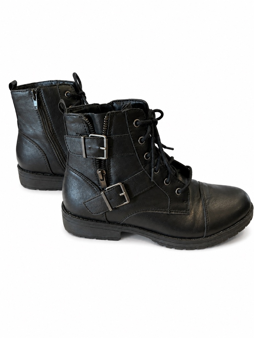 Madden Girl Black Lace-Up Combat Boots with Side Buckles
